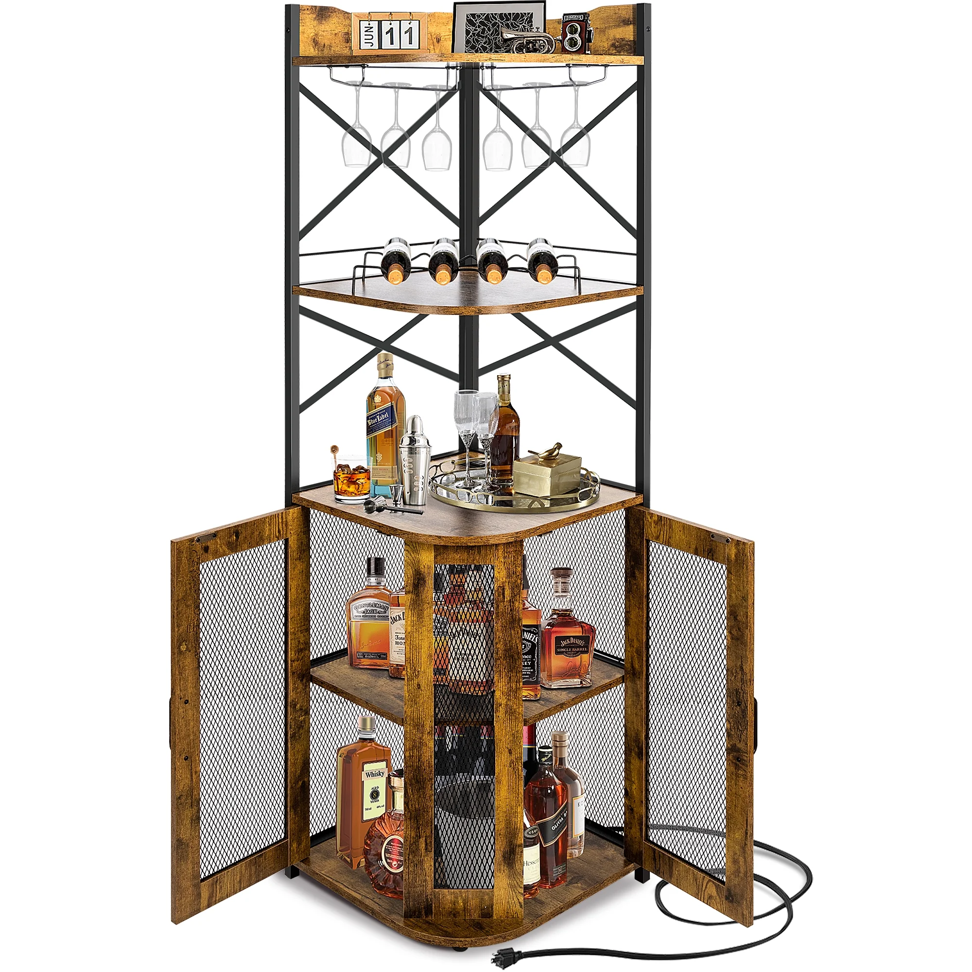 SULIVES Corner Bar Cabinet: 5-Tier Rustic Brown Liquor Cabinet with Glass & Wine Holder, Equipped with Outlets, Perfect for Tall Bar Spaces