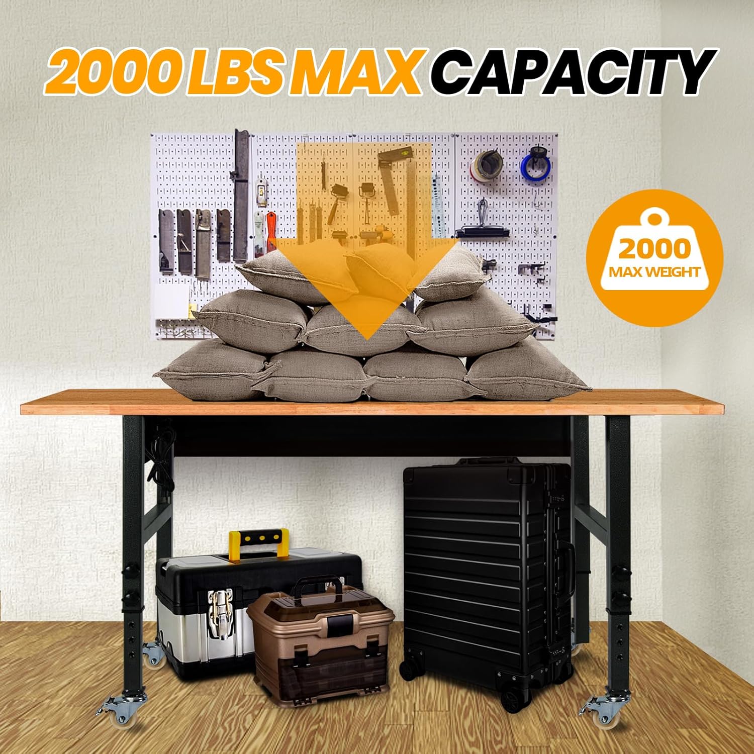 60" Adjustable Work Bench, Rubber Wood Top Workbench Heavy-Duty Work Table with Power Outlet with Wheels