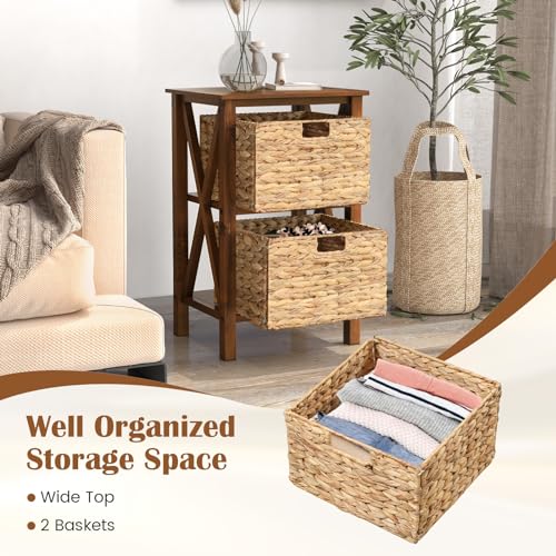 Giantex 2-Tier Nightstand with Wicker Baskets Set of 2, Wooden X-Design Side Table End Table, Beside Table with Acacia Wood Legs