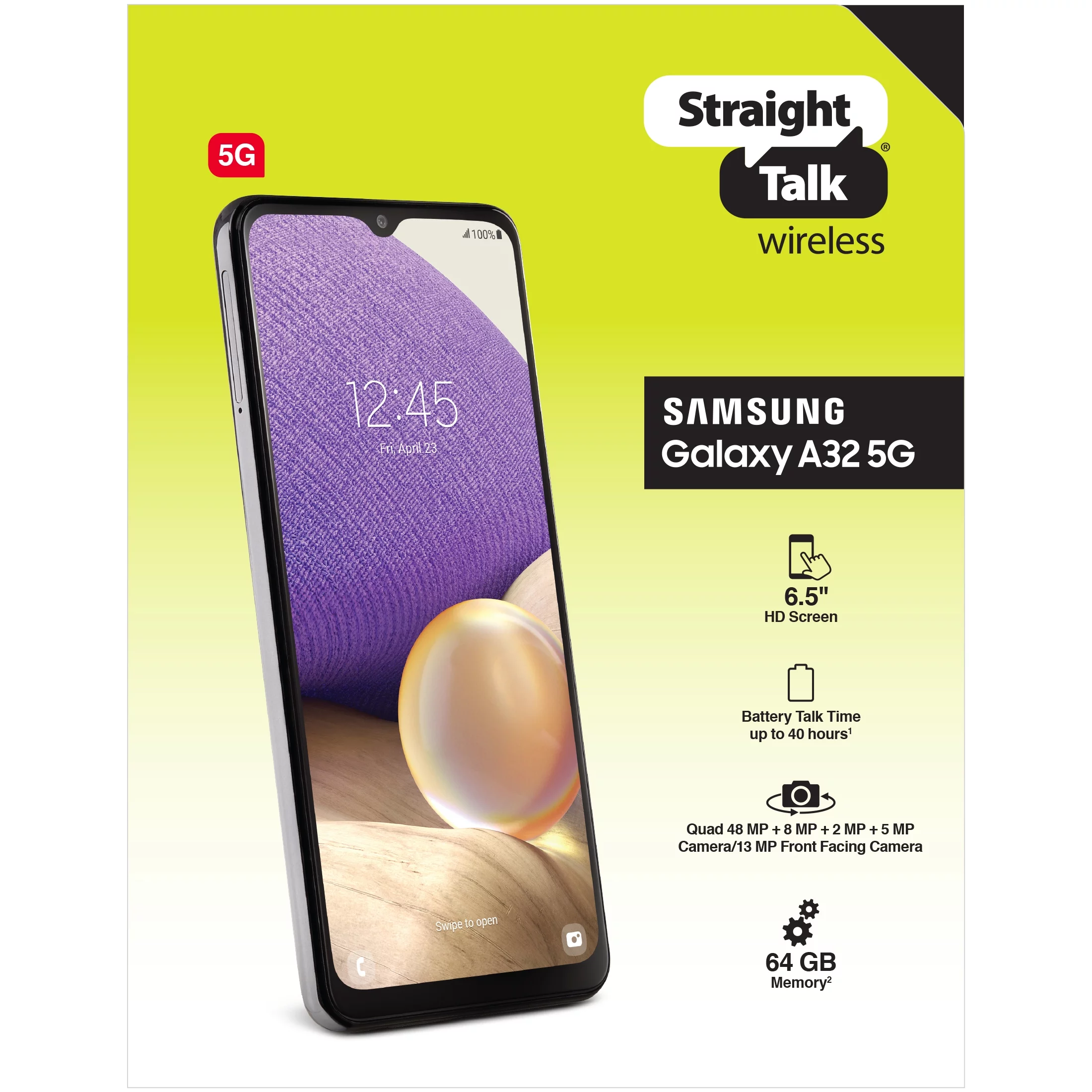 Straight Talk Samsung Galaxy A32 5G, 64GB, Black- Prepaid Smartphone [Locked to Straight Talk]