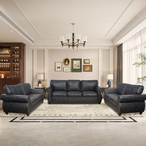 Mid-Century Vintage Sofa Couches with Rivet Design,3-Seater Sofa,Removable Sofa Cover Upholstered Cushions and Solid Wood Frame (Brown, 3-Seater)
