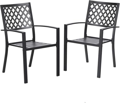 PHI VILLA Stackable Wrought Iron Patio Dining Chairs - Set of 2 Black Outdoor Chair Bistro Metal Chairs, Support 300 LBS