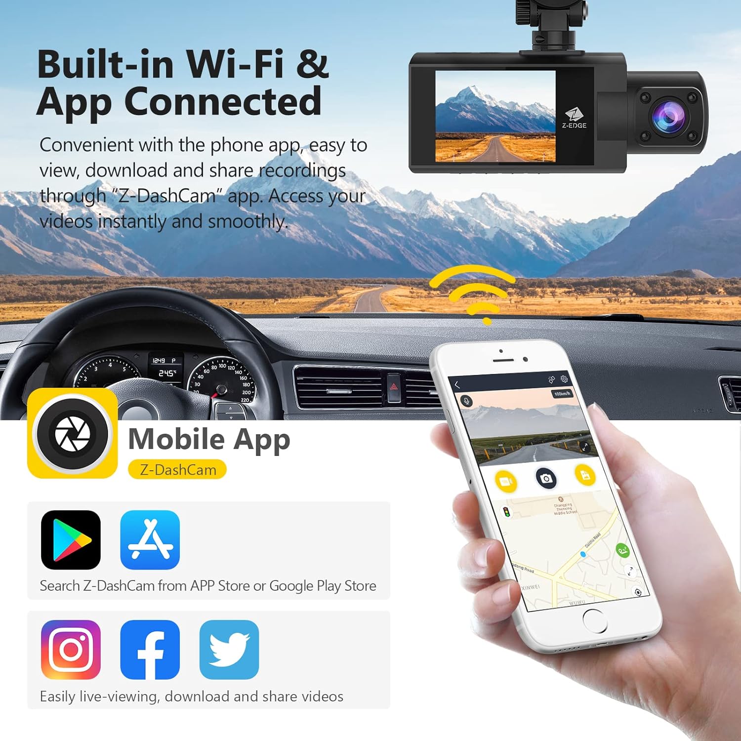 WiFi Dash Cam, Z-Edge New Version Z3Pro Dash Cam Front and Inside, 2K+1080P Front and Inside Dual Dash Cam, Car Camera, IR Night Vision, Parking Mode