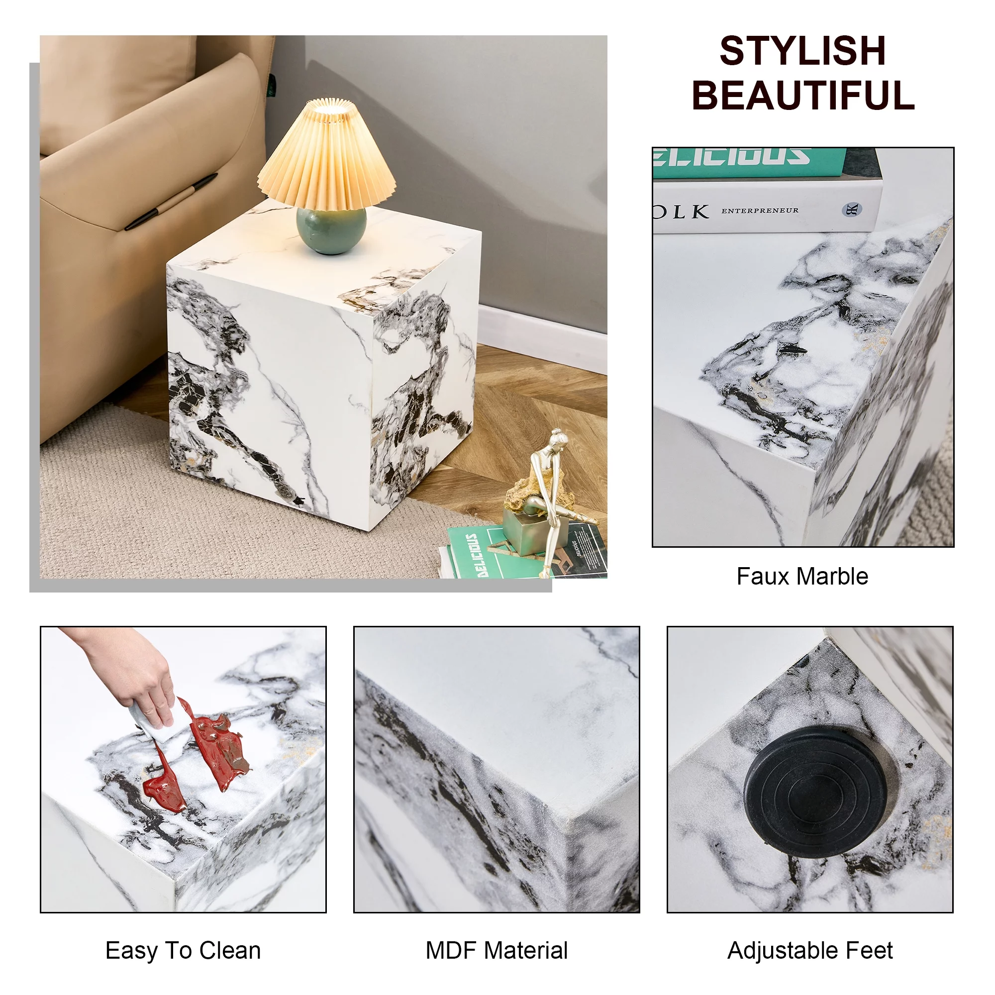 15.75 inches Modern White Cube Coffee Table - Stylish Texture Design, MDF + Sticker Material Construction