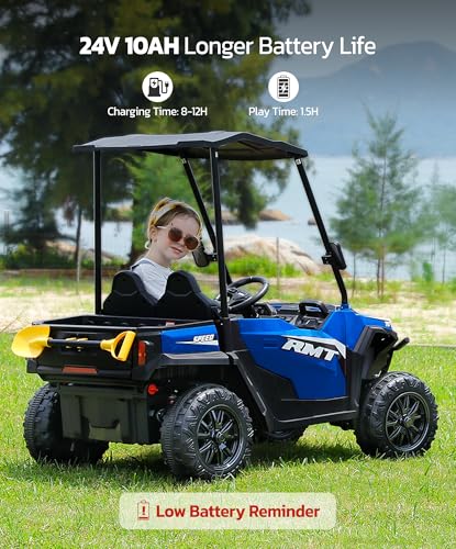 ELEMARA 24V Ride on Toy for Big Kid,Ride on Car 2 Seater w/Sun Shade,Dump Bed & Shovel,4.5MPH,4WD Electric Car for Kids,Battery Car w/Remote
