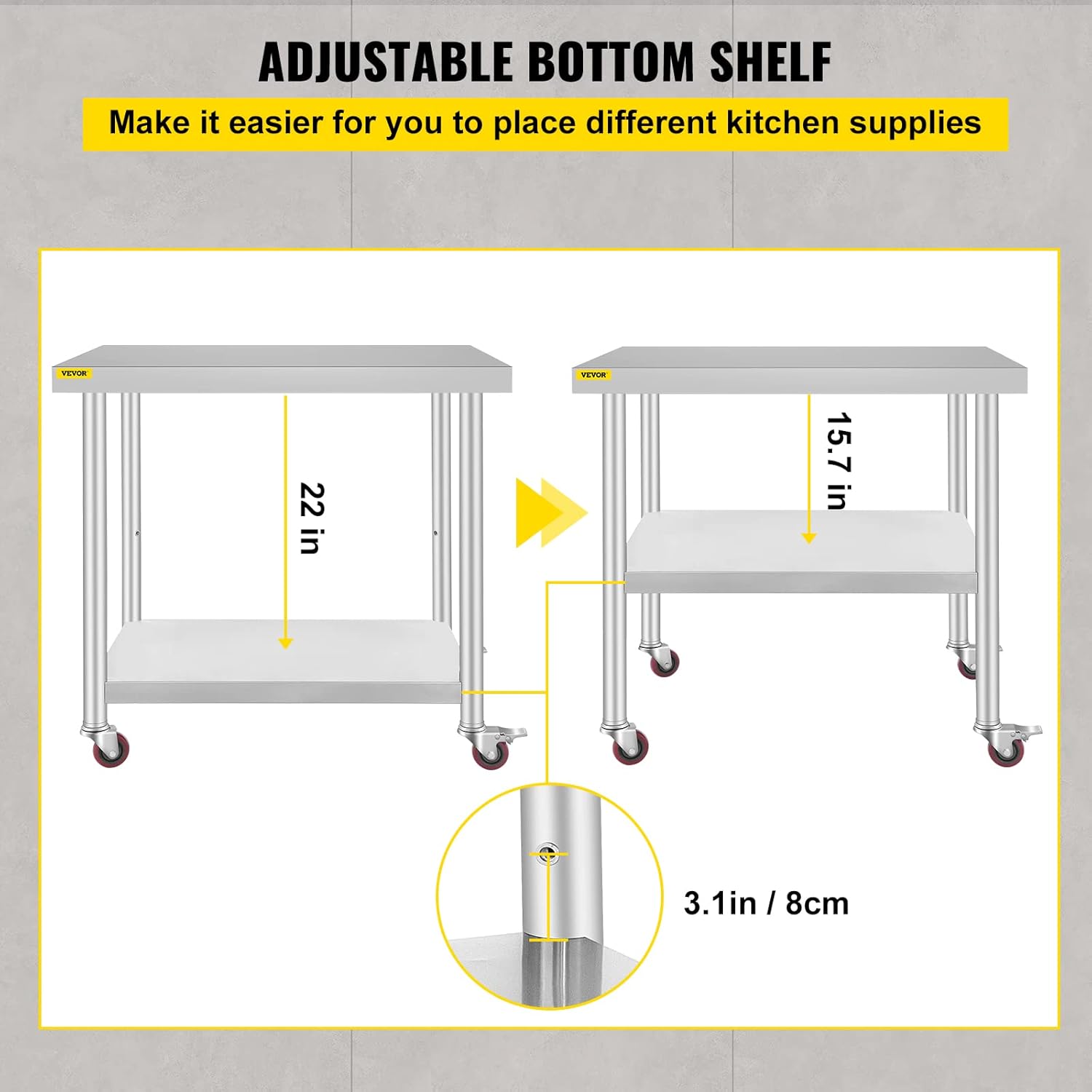 Mophorn Stainless Steel Work Table with Wheels 24 x 30 Prep Table with casters Heavy Duty Work Table for Commercial Kitchen Restaurant Business (24 x