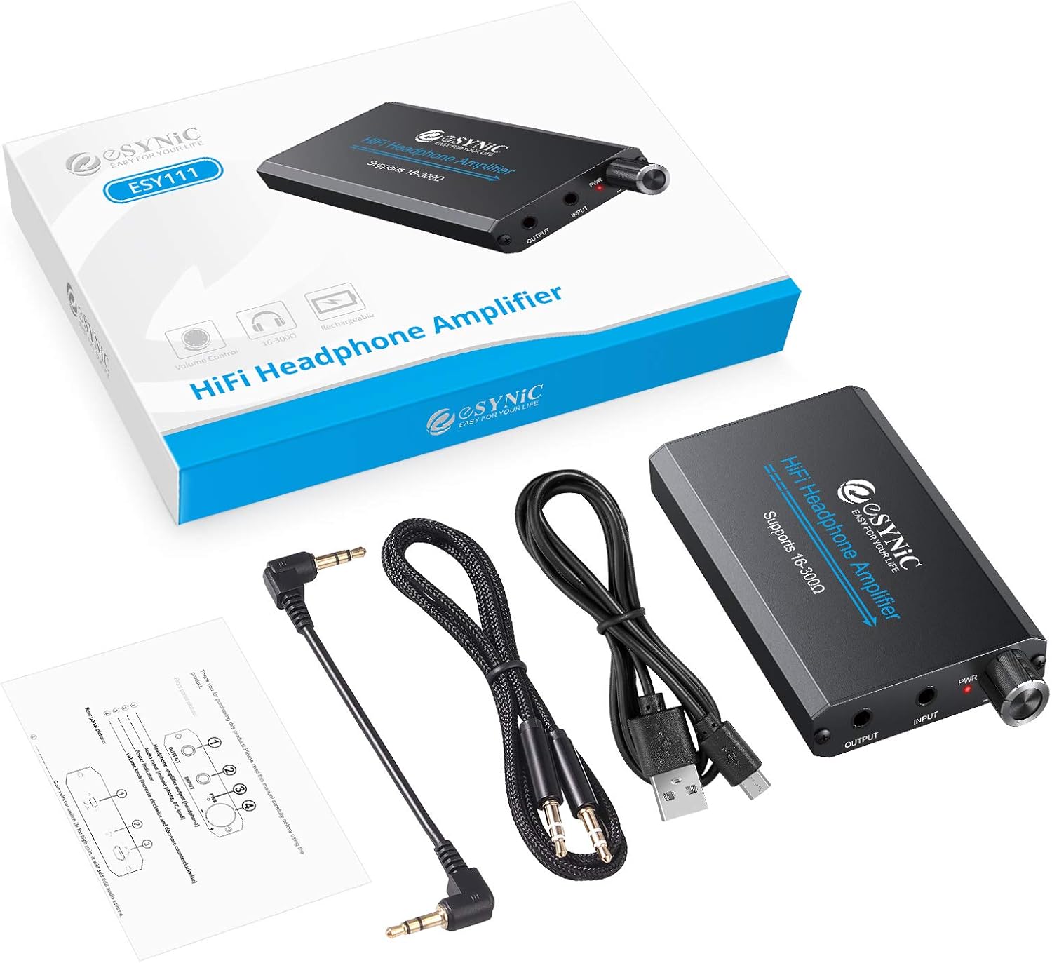 eSynic Headphone Amplifier Portable Amp 3.5mm Gain Switch Audio Rechargeable HiFi Earphone Headphone Amplifier with 1.2m USB Cable and Lithium