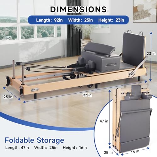 Extended Pilates Reformer, Foldable Wood Pilates Machine with Sitting Box, Jump Board and Anti-Slip Mat for Strength, Rehab & Flexibility