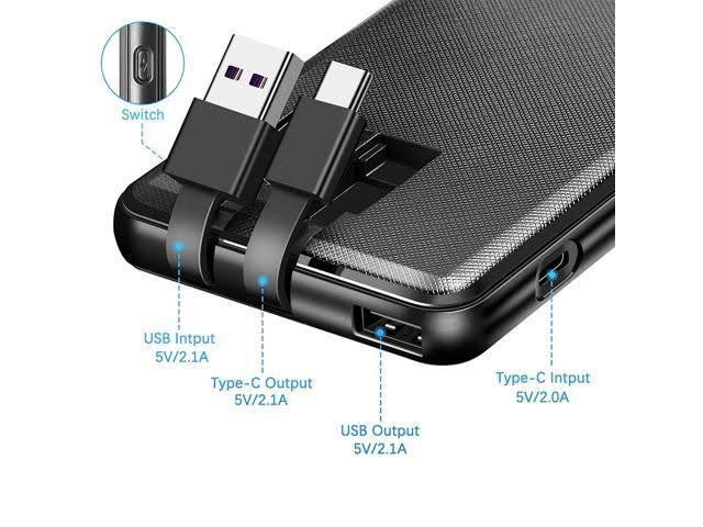 10000mAh Portable Phone Charger,Power Bank Built-in Cable High Capacity 5V 2.1A Quick Charge Compact USB Type C Port External Ba