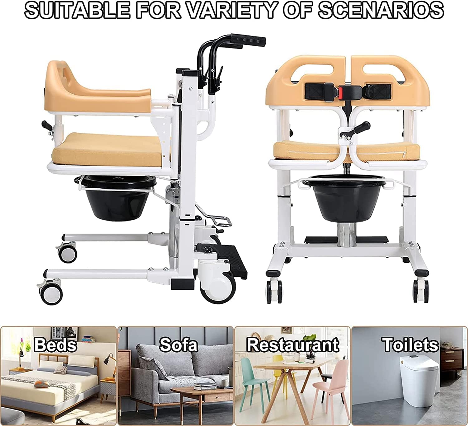 Patient Lift Lightweight Hydraulic Transfer Wheelchair for Home Use - 180° Split Seat and Bedside Commode with 290 Lb. Weight Capacity