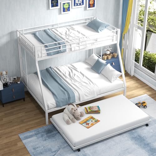 KOMFOTT Twin Over Full Bunk Bed with Trundle, Heavy-Duty Metal Bunk Bed Frame with Guardrail & 2 Ladders, Space-Saving Bunk Bed for Kids/Teens/Adults