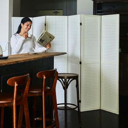 Room Divider Freestanding Folding Pegboard Privacy Screen | 4-Panel Display Stand for Jewelry, Craft Shows, Retail | Natural Wood