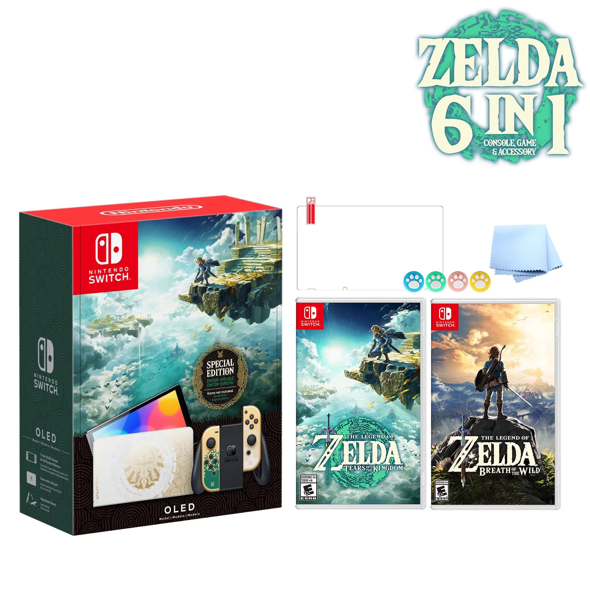 2023 Nintendo Switch OLED Zelda Limited Edition 6 in 1 Collection, Green & Gold Joy-Con 64GB Console, Hylian Themed Dock