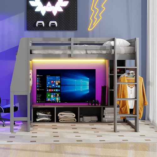 SOFTSEA Twin Gaming Loft Bed with Desk & LED Lights, Solid Wood Loft Bed with Storage Wardrobe and Shelves for Kids Teens