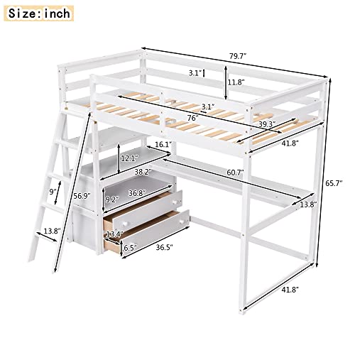Full Size Loft Bed with Desk & Wardrobe, Solid Wood Kids Loft Bedframe w/3 Storage Drawers & 2 Shelves, Maximum Space Design, for Bedroom, Dorm, Gray