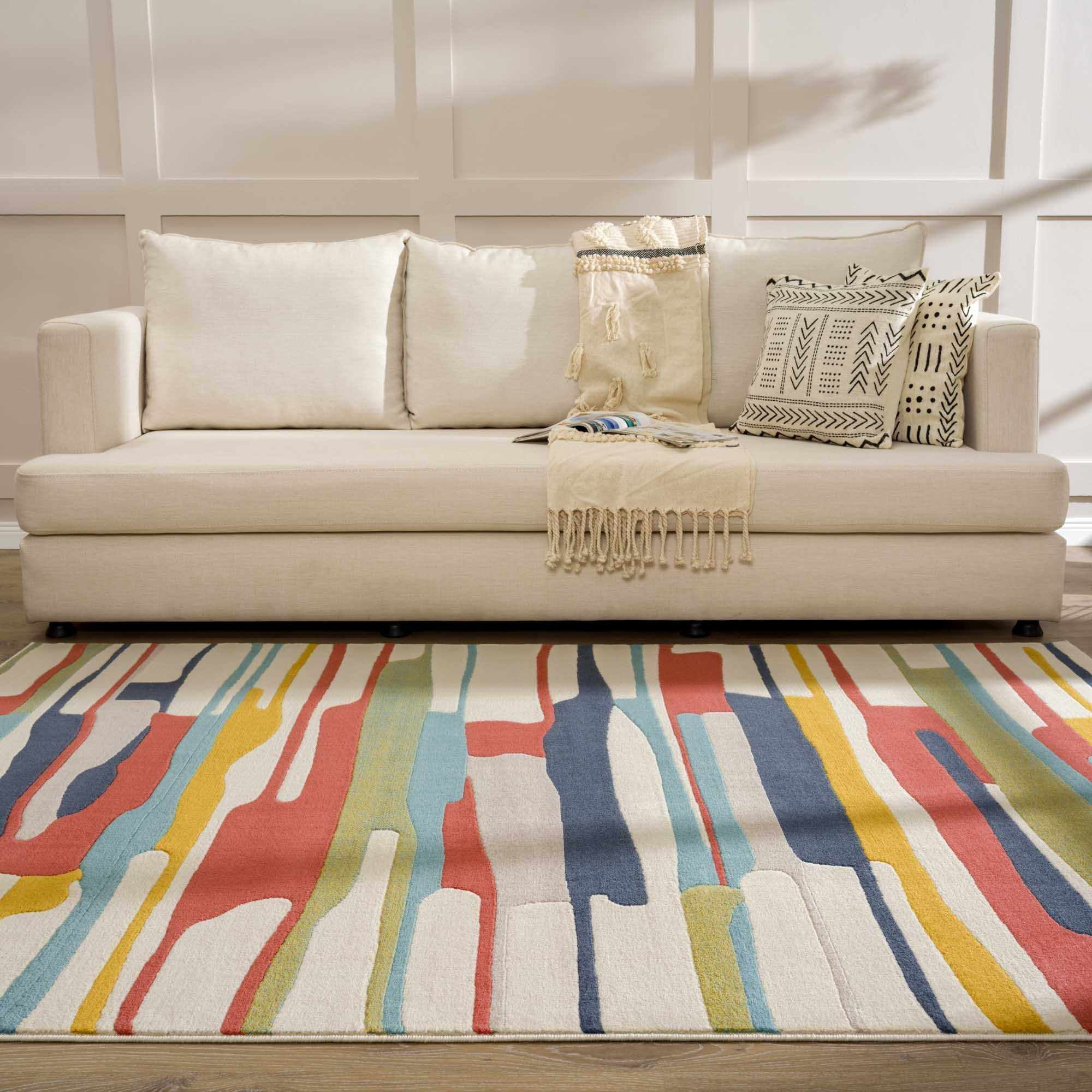 Southfields Modern Farmhouse Contemporary Living Room Bedroom Kids Room Multicolor Area Rug - Colorful Rainbow Striped Modern Rug Carpet - Red