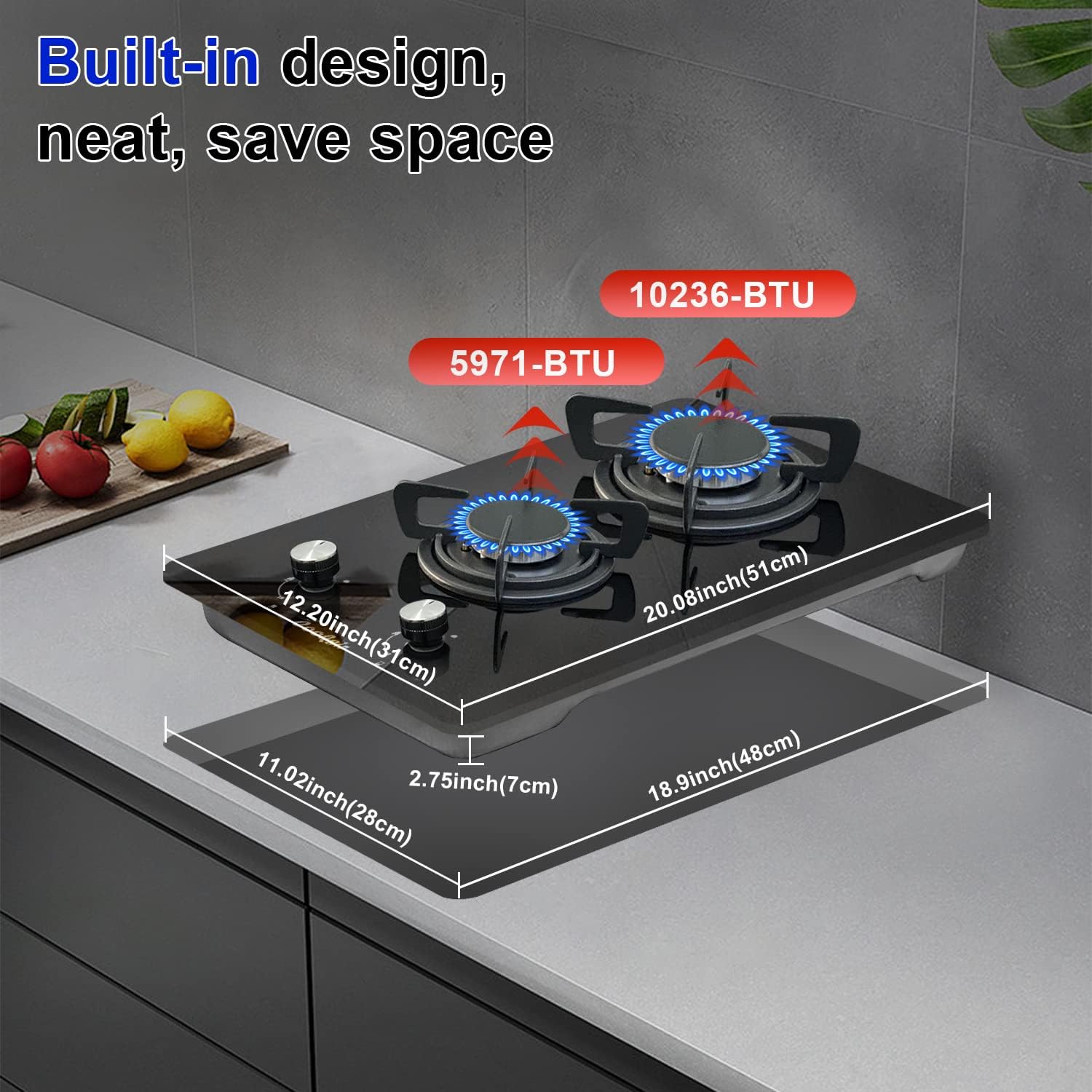 12 inch Gas Stove, 2 Burners Propane Cooktop Bulit-in, Indoor Gas Cooktop Suitable for Dual Fuel LPG/NG, Tempered Glass Gas Stove Top for Kitchen