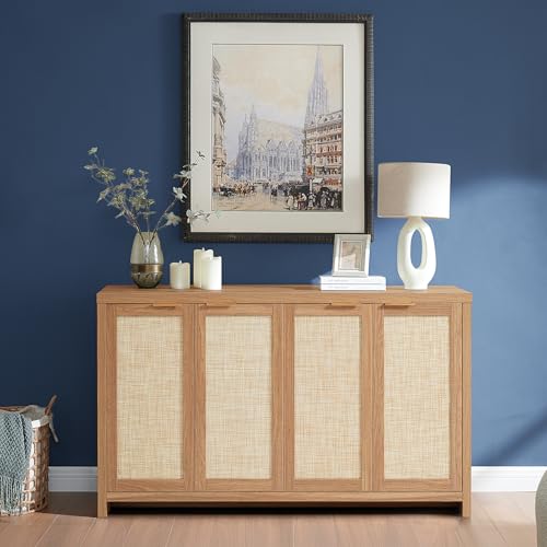 Hampstead Rattan 4-Door Storage Sideboard Cabinets with Adjustable Shelves, Boho Accent Buffet Cupboard Console for Kitchen, Living Room, and Hallway