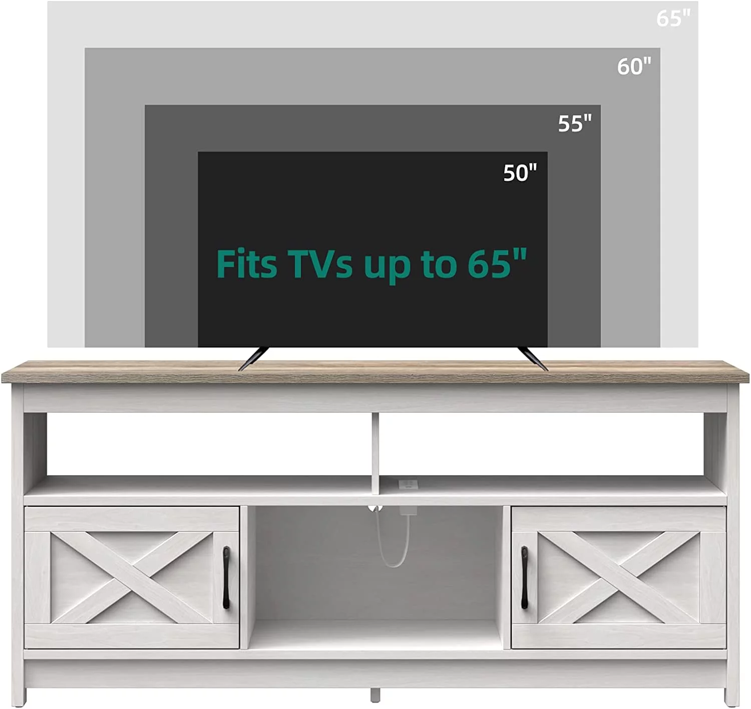 DEXTRUS Farmhouse TV Stand up to 65 inch with Power Outlet, Media Console with Storage Shelves for Living Room, Grey Wash - Curated Treasures Market