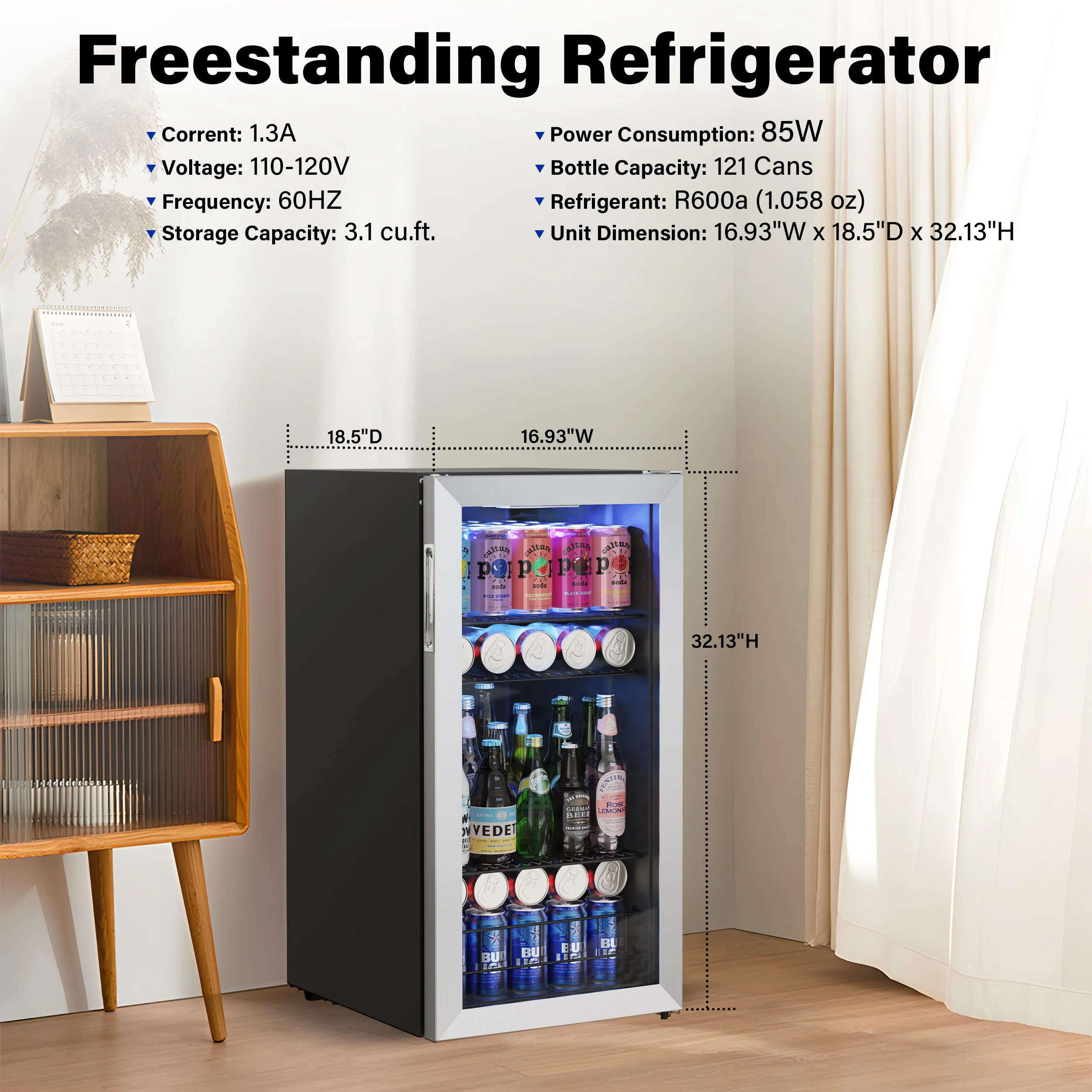 Yeego Beverage Refrigerator Cooler, Freestanding Compact Mini Drink Fridge with Glass Door,95-121 Can