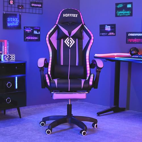 HOFFREE RGB Gaming Chair with Speakers Massage Computer Gaming Chair with LED Lights and Footrest High Back Video Game Chair for Adults Blue and Black