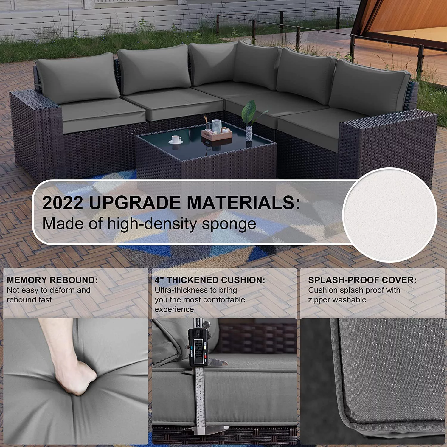 Popular Outdoor Patio Furniture Set 6 Pieces Sectional Rattan Sofa Set Brown PE Rattan Wicker Patio Conversation Set with 5 Navy Blue Seat Cushions