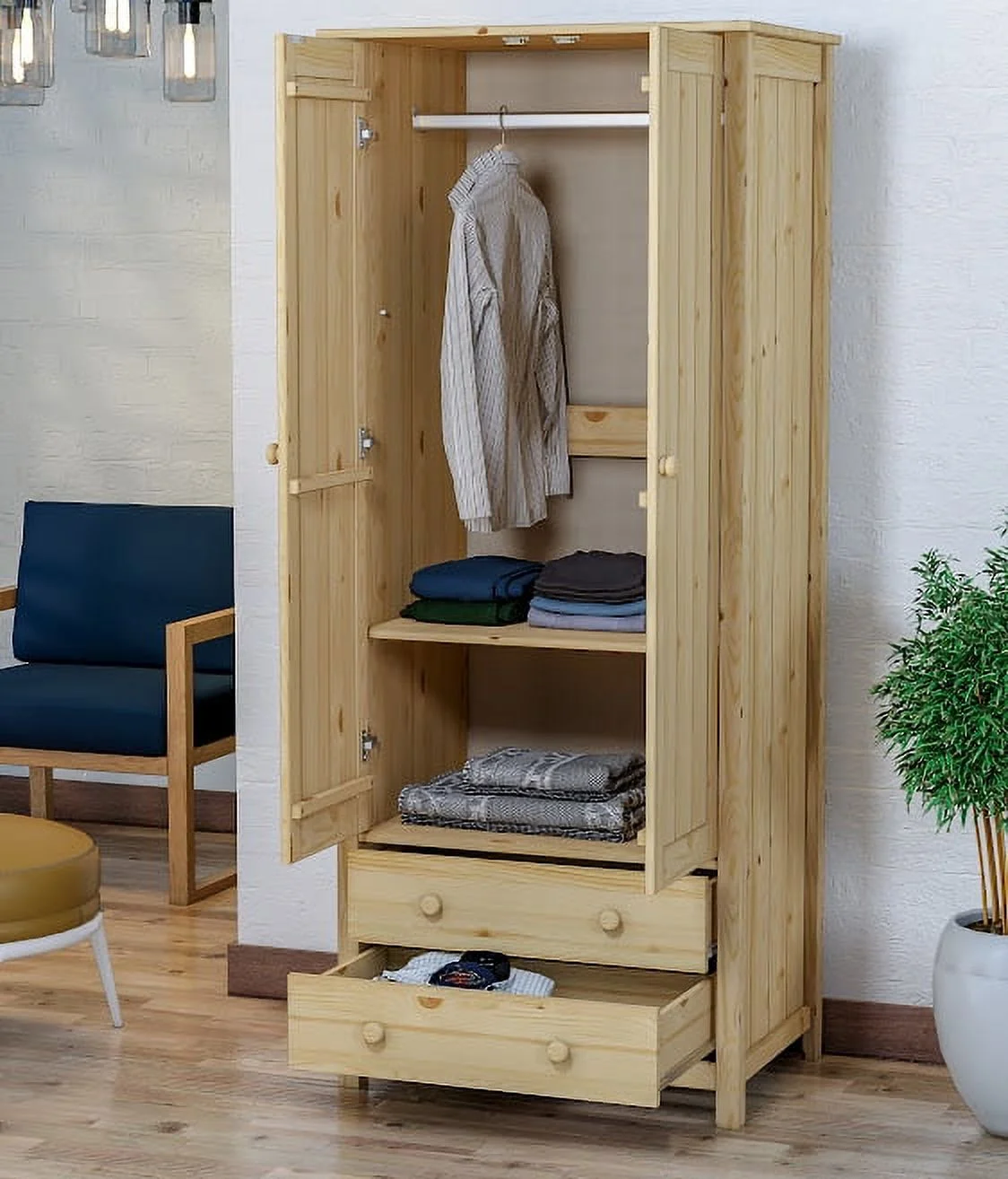From the Tree Furniture Solid Unfinished Wood Freestanding Wardrobe Closet for Hanging Clothes with 2 Doors and 2 Drawers Cabinet for Bedroom Closet