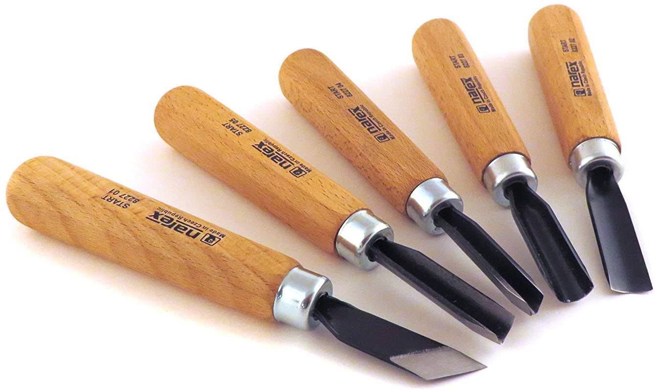 Narex Starter Wood Carving Chisel Set with Block of Wood, 5 Pcs