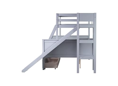 Full-Over-Full Castle Style Bunk Bed with 2 Drawers and 3 Shelves, Wood Bunk Bed Frame with Slide and Storage Staircase for Kids Teens Boys Girls