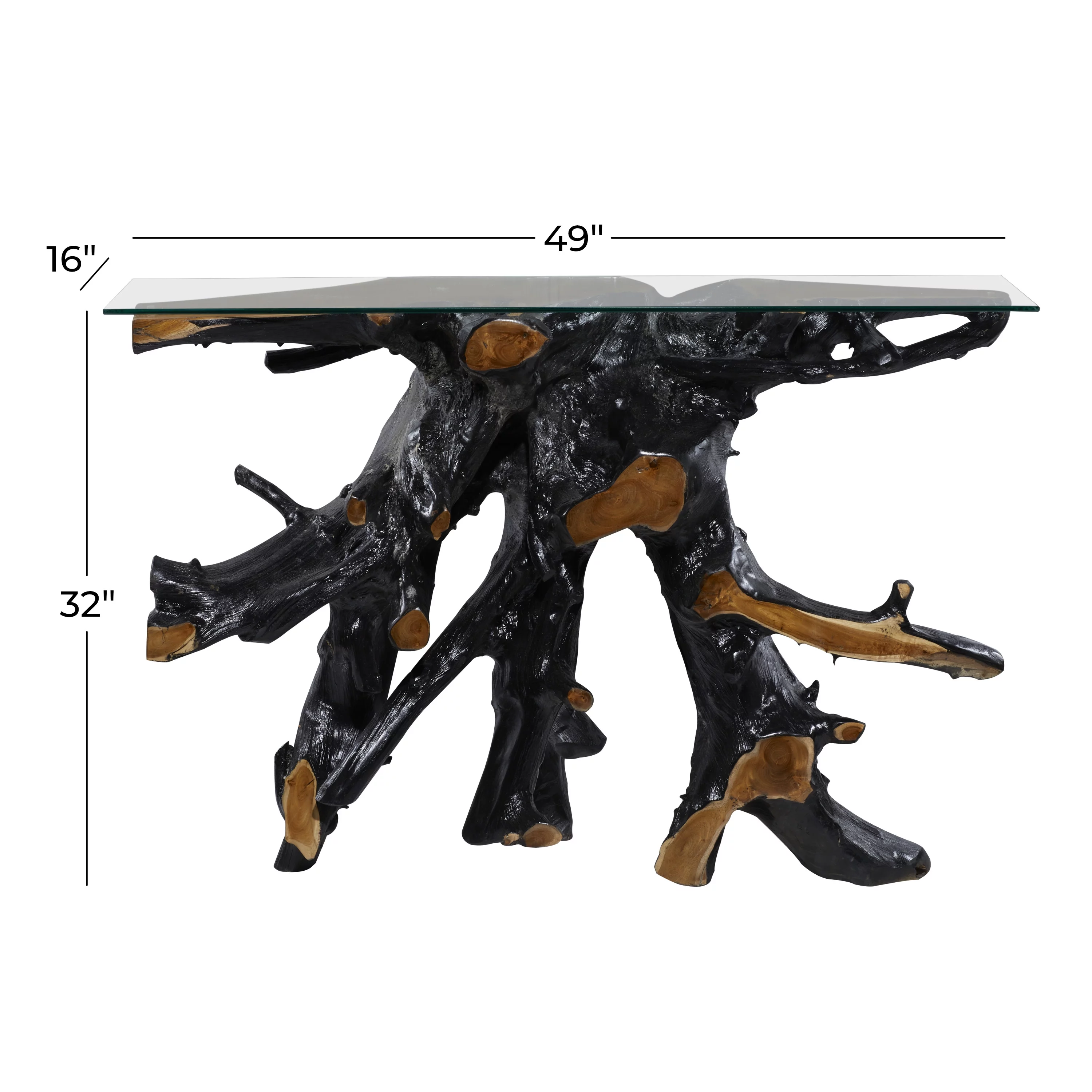 DecMode 49" x 32" Black Teak Wood Live Edge Tree Stump Console Table with Clear Glass Top, 1-Piece