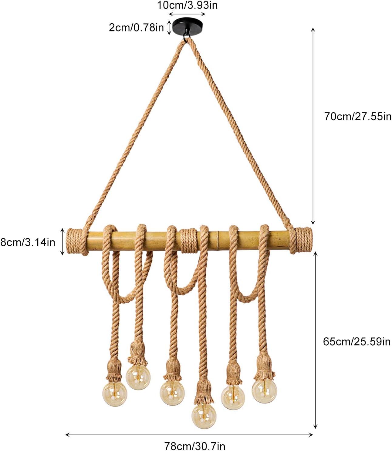 Arturesthome 6 Heads Hemp Rope Pendant Light, Vintage Bamboo Chandeliers Fixture Kitchen Island