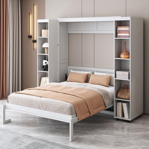 Queen Size Murphy Bed with Sofa, Shelves, USB & Light, Can be Folded Wall Bed and Tall Cabinet with Glass Doors& Wine Rack