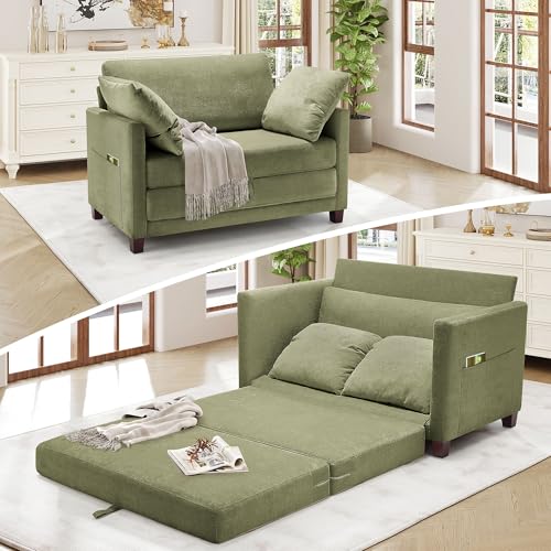 51" Loveseat Sleeper Sofa Bed, Chenille Convertible Floor Sofa Bed for Small Spaces, Folding Couch Bed with Deep Seat, 2 Pillows & Solid Frame