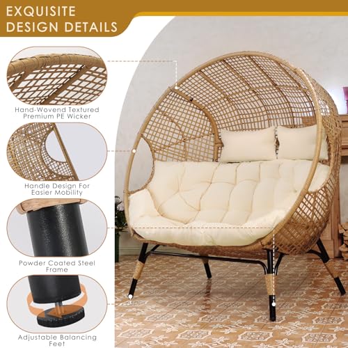 NICESOUL® Double Egg Chair Indoor Outdoor Stationary Oversized Thicken Padded Cushions, 2 Person Egg Loveseat Chair