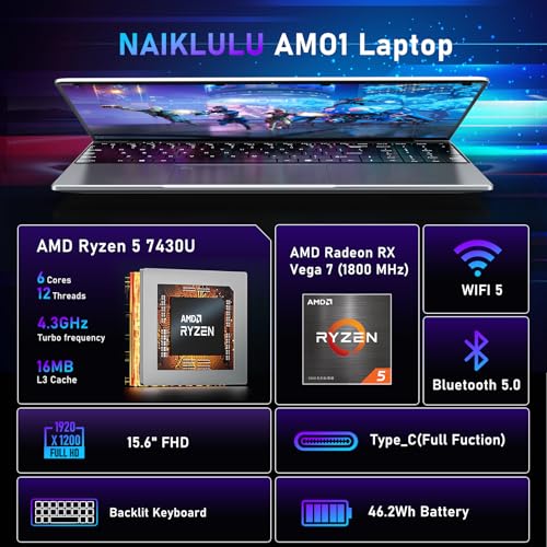 Gaming Laptop,15.6 Inch Laptop Computer,32GB RAM 1TB SSD,AMD Ryzen 5 7430U (up to 4.3Ghz,Beat 5700U),AMD Radeon Graphics,15.6&rdquo