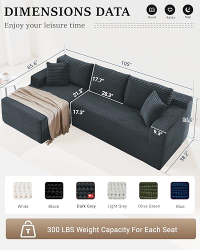 105 Inch Cloud Sectional Couch,Modern Modular Sectional Sofa with Deep Seat,Corduroy Boneless Couches with L-Shape Chaise for Living Room Bedroom
