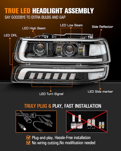 LED Headlights Assembly Headlamps Replacement for 1999-2002 Chevy Silverado 2000-2006 Suburban 00-06 Tahoe Sequential Turn Signal Hi/Low Beam DRL