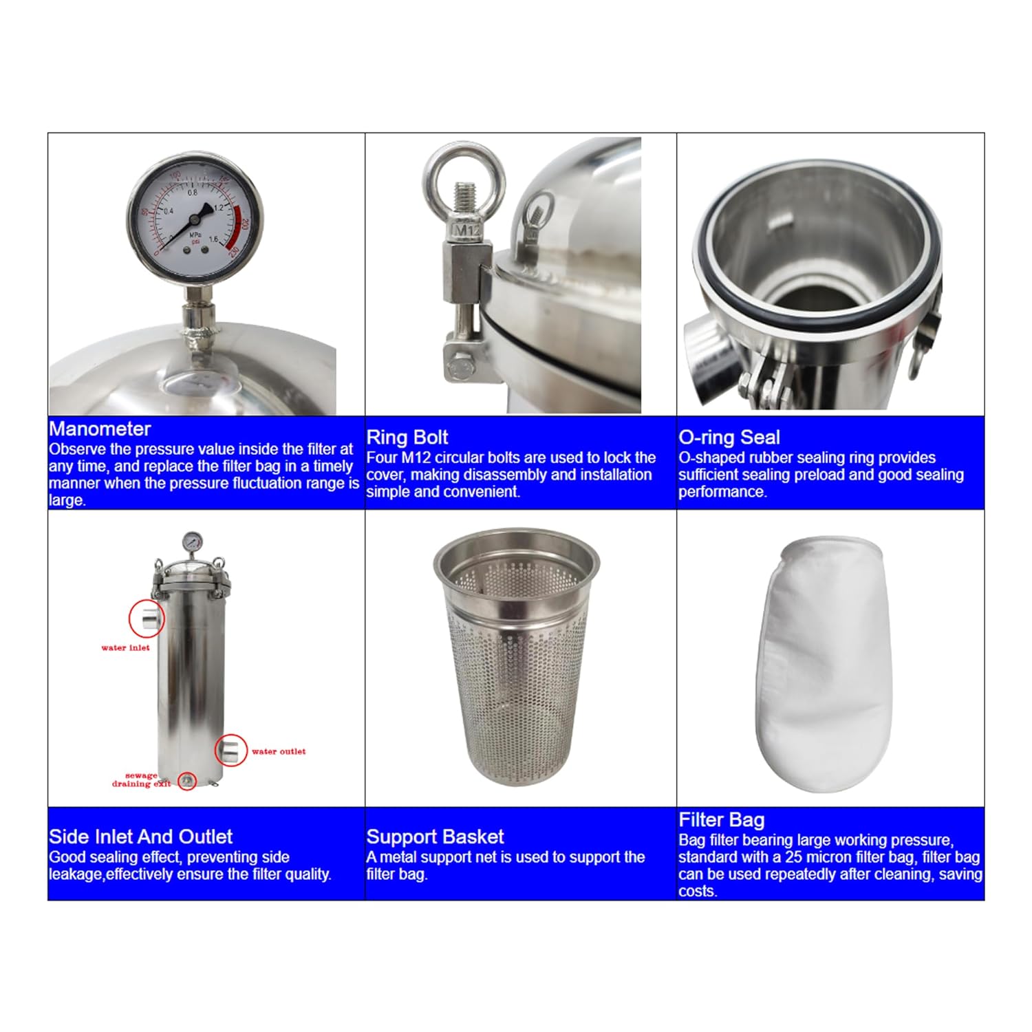 #1 Bag Filter Housing 304 Stainless Steel Convex Cover Flat Bottom Bag Filter