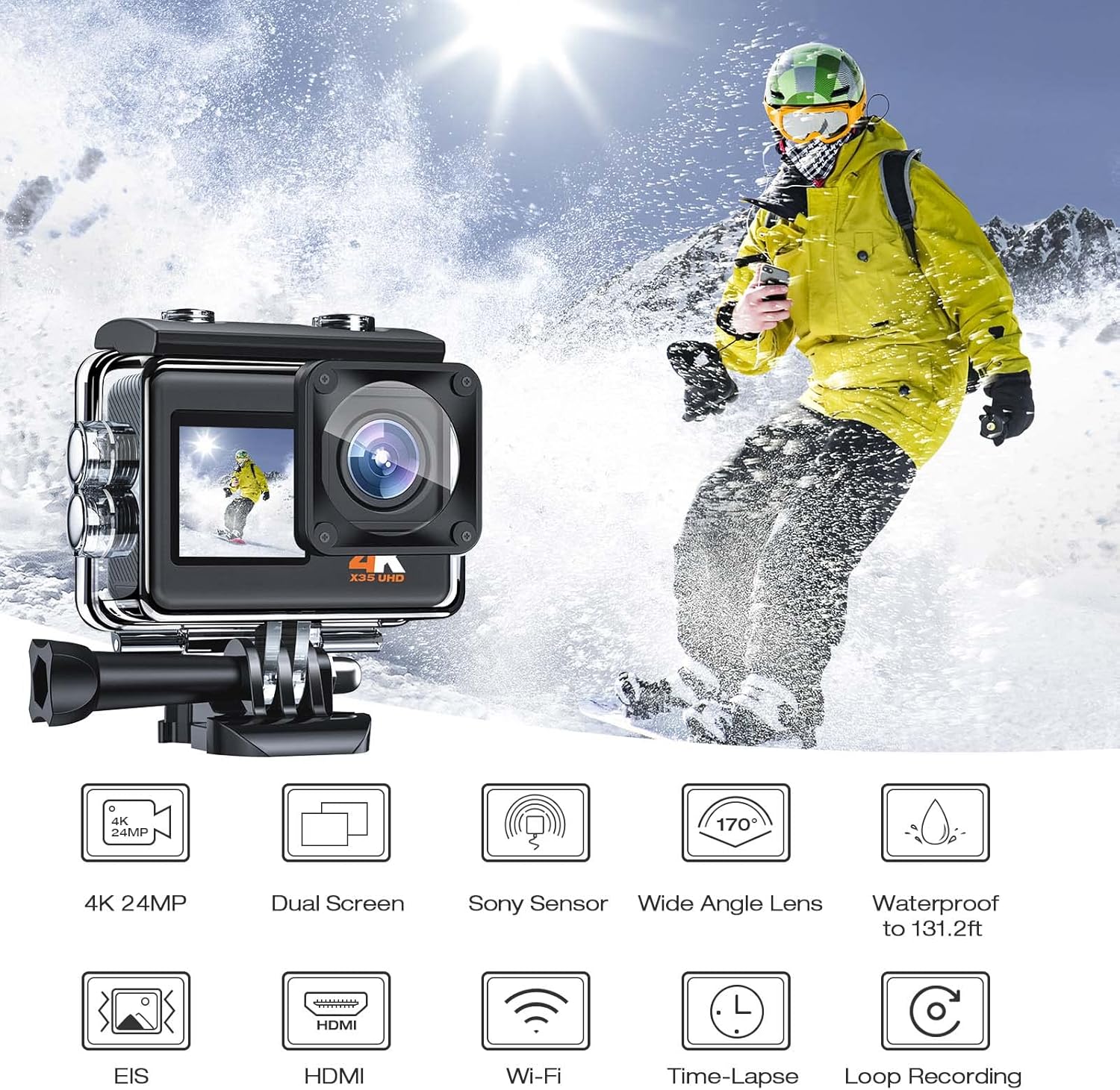 Action Camera 4K 24MP Ultra HD WiFi Dual Color Screen Sports Underwater Camera EIS 131FT Waterproof Camera 170 Degree Wide Angle
