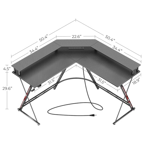 SEVEN WARRIOR Gaming Desk 50.4” with LED Light & Power Outlets, L-Shaped Gaming Desk Carbon Fiber Surface with Monitor Stand