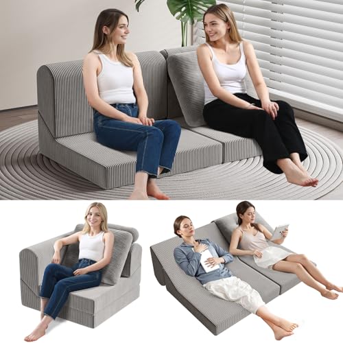 COMAX Folding Sofa Bed, Convertible Chair Bed Corduroy 3-in-1 Foldable Floor Couch with High-Density Foam, Futon Sofa Sleeper Mattress