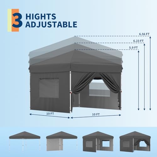 10'x10' Pop Up Canopy Tent with 4Pcs Sidewalls, Portable Instant Commercial Canopy with 4 Stakes, 4 Ropes, 4 Sandbags for Farmers'
