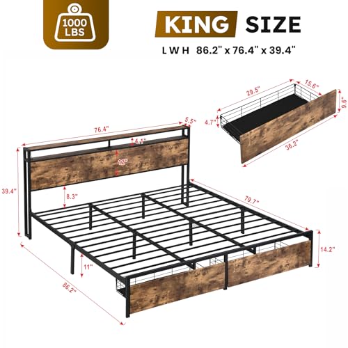 Full Size Bed Frame with Headboard, LED Platform Bed with 4 Storage Drawers, Built in Charging Station, Noise-Free, Metal Support Base