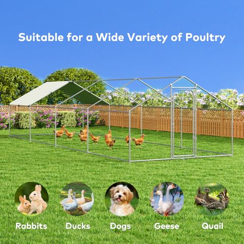 Large Metal Chicken Coop Walk-in Poultry Cage with Waterproof and UV-Resistant Cover, Outdoor Chicken Run Poultry Hen House for Backyard Farm Use