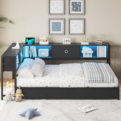 DICTAC Corner Full Bed Frame with Bookcase Storage and Led Lights Full Size Metal Platform Bed Frame with Storage Drawers & Charging Station Full