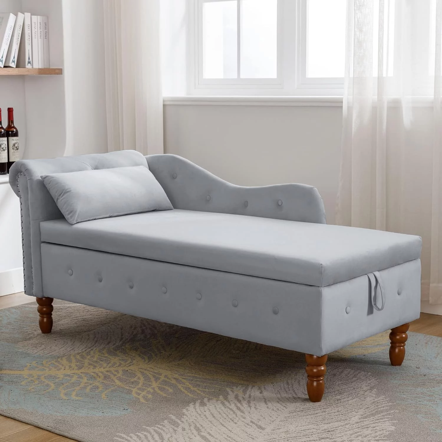 Chaise Lounge Chair Indoor Velvet Bedroom Lounge Chair With Storage & Pillow Modern Upholstered Chaise Lounge With Nailhead Trim Sleeping Long Chair