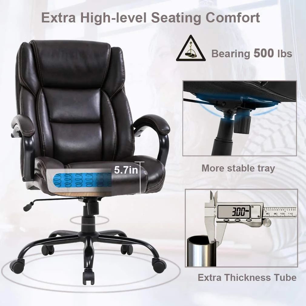 BestOffice Big and Tall Office Chair 500lbs Wide Seat High Back PU Adjustable, Brown