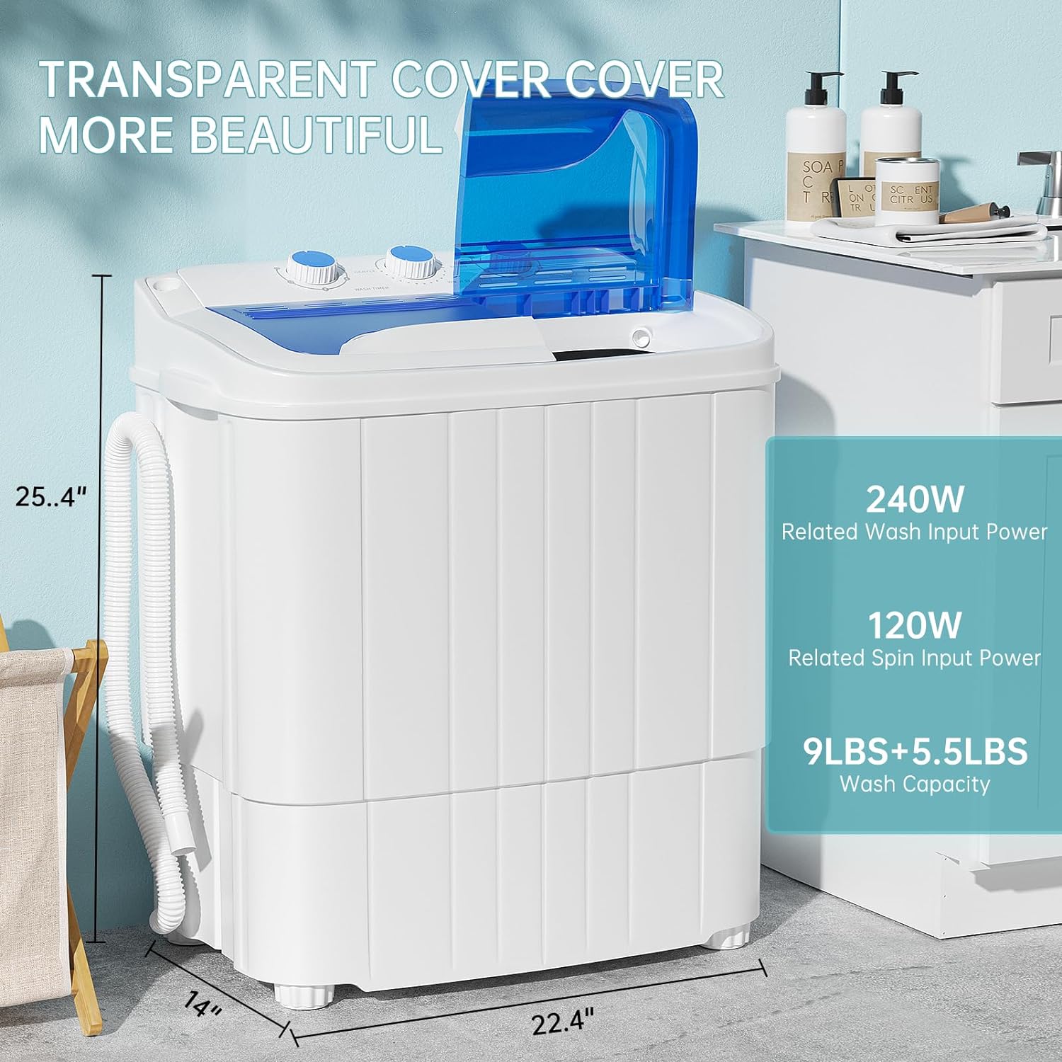 AUCHI Portable Washing Machine, 2 In 1 Small Washing Machine and Spin Dryer Combo, 14.5lbs Compact Mini Twin Tub Washing Machine for Camping