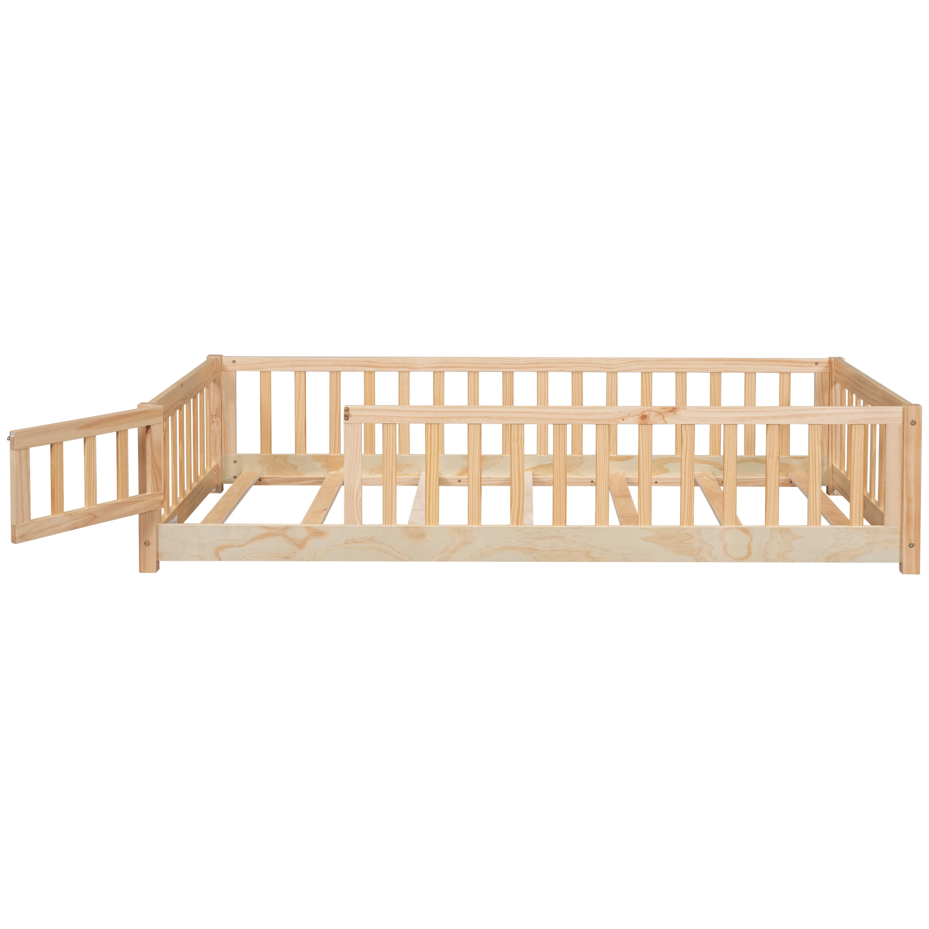 PAPROOS Twin Floor Bed Frame for Toddler, Wood Platform Bed with Wooden Slats, Fence and Door