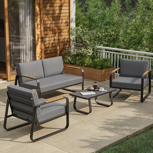 EAST OAK Courtyard Patio Furniture Set, 4-Piece Outdoor Patio Set with Sofa, Removable & Washable Deep Seating Cushion, Tempered Glass Table